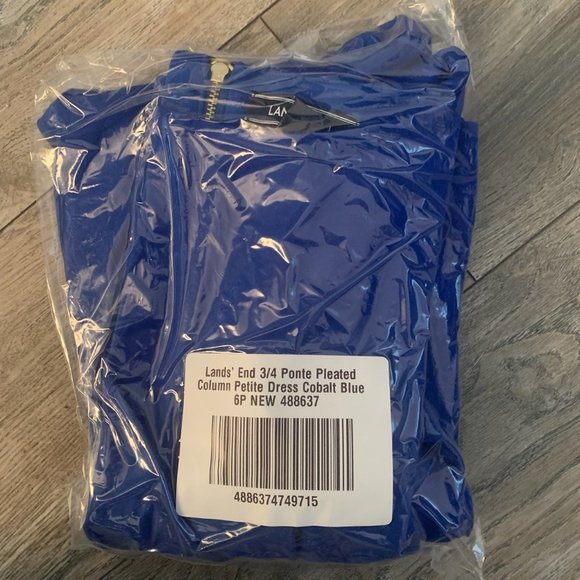 NWT LANDS' END 3/4 SLEEVE PONTE PLEATED COLUMN ZIP BACK DRESS COBALT BLUE 6P - Picture 3 of 12